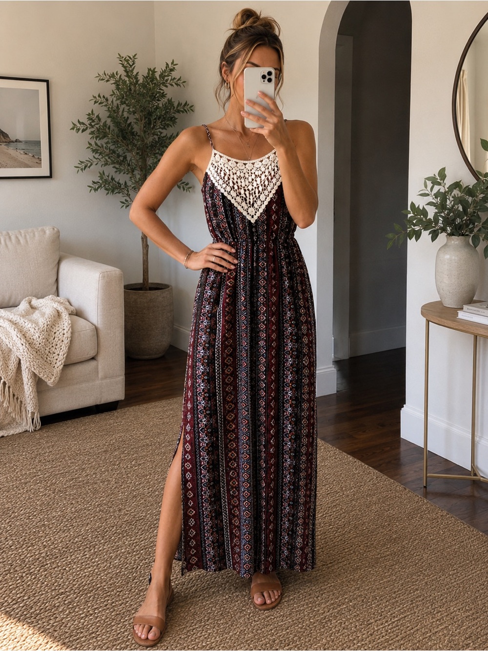 Rue21 Boho Cream Crochet Tank with Tan Trim Maxi Sundress